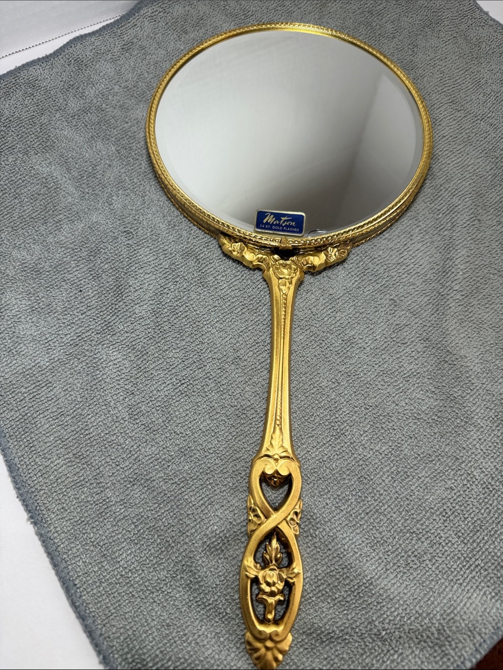 Vintage Matson 24K Gold Flashed Ornate Hand Mirror Hollywood Regency